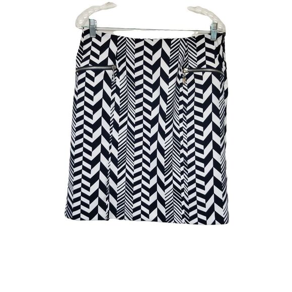 CATO Women's Pencil Skirt 10 Stretch Navy/White Geometric Double Back Slit - Picture 2 of 6